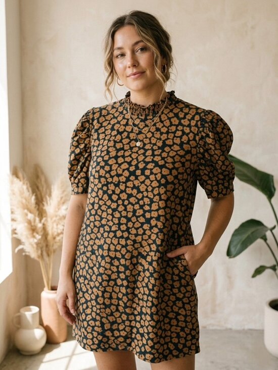 Who What Wear Dresses & Skirts - Who What Wear Floral Mock Neck Dress Puff Sleeve Pockets Orange Black XL